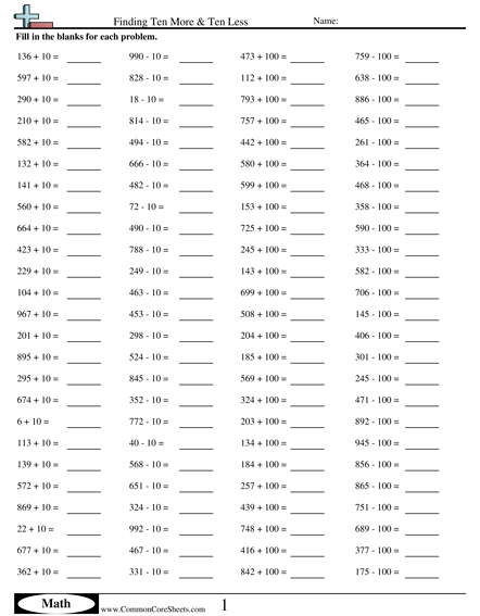 Math Drills Worksheets - Adding-Subtracting 10s and 100s worksheet